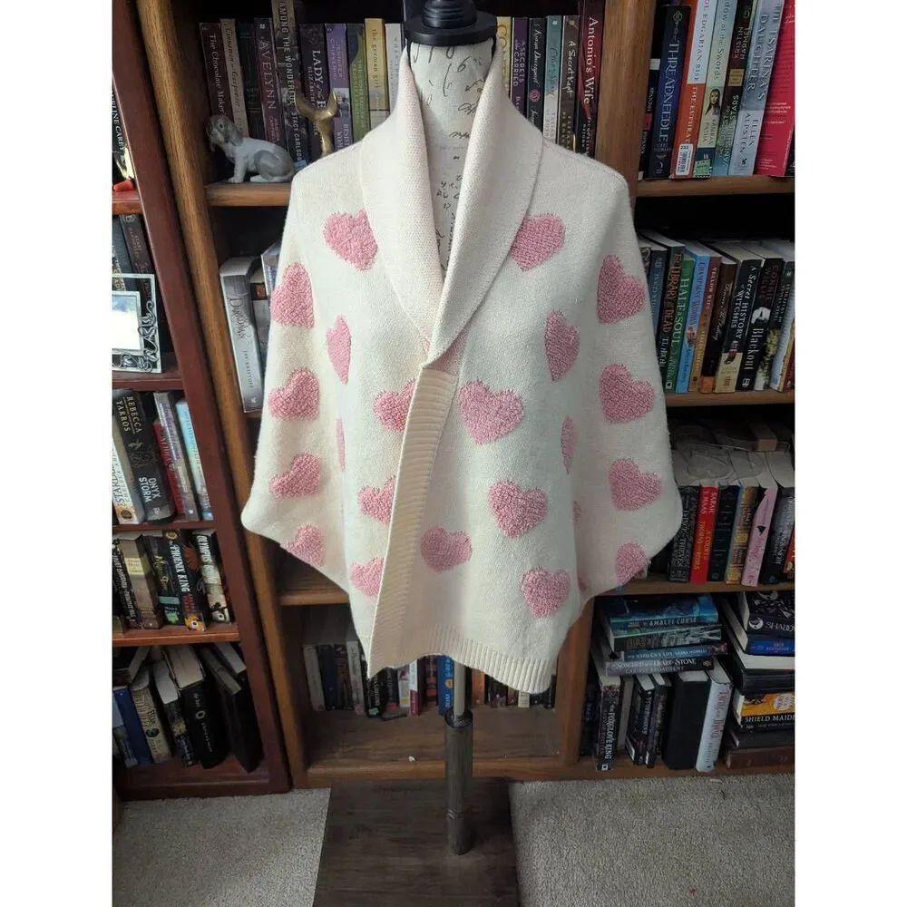SAACHI Women’s Heart Patterned Ribbed Knit Cardigan Sweater One Size Cream Pink